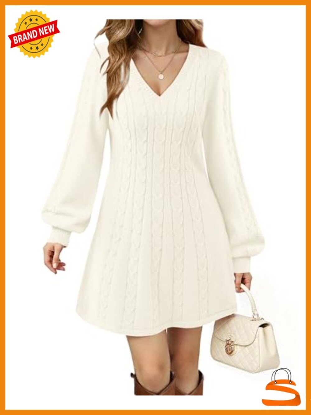 V Neck Long Sleeve Ribbed Knit Babydoll Sweater Dress Mini